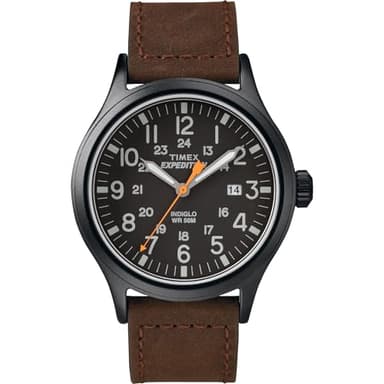 Timex Men's Expedition Scout 40mm Watch – Black Case Black Dial with Brown Leather Strap