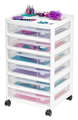 IRIS USA Fits 12" x 12" Paper, 6-Tier Scrapbook Rolling Storage Cart with Organizer for Stationery Vinyl Tools Office Art and Craft Supplies, Yarn, 6 Clear Cases w/ Built in Handle - White/Clear