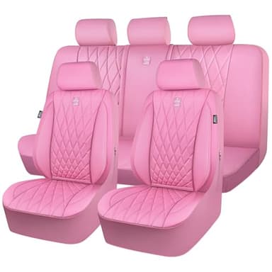 CAR PASS 5 Seats Piping Luxury Leather Seat Covers Full Set, Anti-Slip Waterproof Seat Covers Compatible with Front Armrests, Universal Fit for Suvs,Vans,Trucks,Airbag Compatible, Pure Pink
