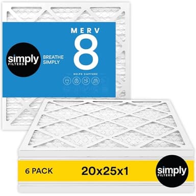 Simply 20x25x1 Air Filter, Merv 8, 6 Pack, For Home AC Furnace & HVAC (Actual Size: 19.75"x24.75"x0.75") DUST, Pet, & Allergy Control