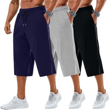 Neer 3 Pack Men's Baggy Capri Pants Plus Size Below Knee Casual 3/4 Shorts Big and Tall Summer Drawstring Pants with Pockets(Black, Light Mixed Gray, Navy Blue,XX-Large)