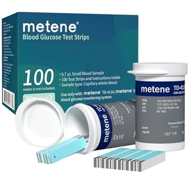 Metene TD-4116 Blood Glucose Test Strips, 100 Count Blood Sugar Test Strips for Diabetes, Use with metene TD-4116 and metene S Blood Glucose Monitoring System Only(No Monitor)