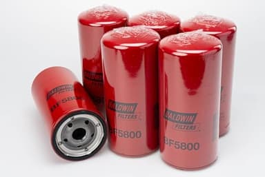 Baldwin BF5800 Fuel Spin‑On Filter – Pack of 6 – 9 Micron Nominal / 25 Micron Absolute – 1‑12 Thread, 3 11/16″ OD × 8″ L – Replaces Detroit Diesel 6438839, GMC 25010793, Fleetguard FF5207, WIX 33118