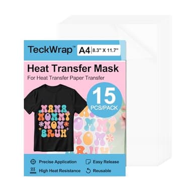 TECKWRAP Heat Transfer Mask for Heat Transfer Paper for T-Shirts 15PCS, 8.3" X 11.7" Masking Film Clear Iron on Transfer Tape for HTV Printable Heat Transfer Vinyl, Heat Transfer Mask Sheets