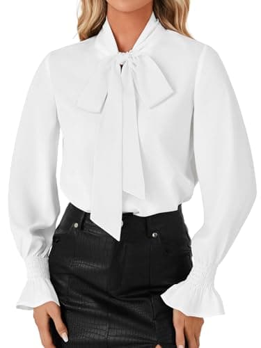 LYANER Women's Bow Tie Neck Blouse Ruffle Long Sleeve Business Dressy Office Shirt Top White Large