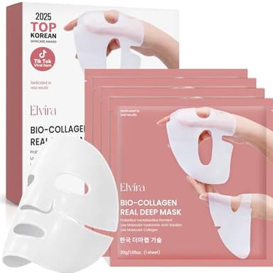 Elvira Bio-Collagen Real Deep Mask, Overnight Hydrating Face Mask with Hyaluronic Acid, Korean Skincare Face Mask for Moisturizing and Firming, Face Masks Sheet for All Skin Types, 4 Pack