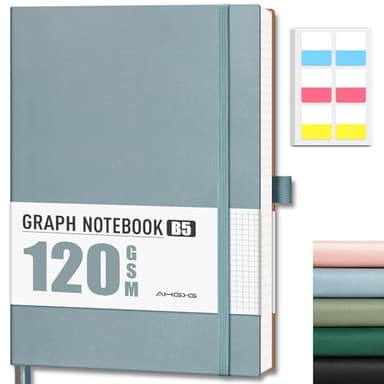 AHGXG Graph Paper Notebook - Grid Notebook Journal, 120 GSM Thick Graph Paper, Large B5 Notebook 96 Pages, Leather Softcover, for Graphing, Writing, Math, Engineering, 7.6'' X 10'' - Gray Blue