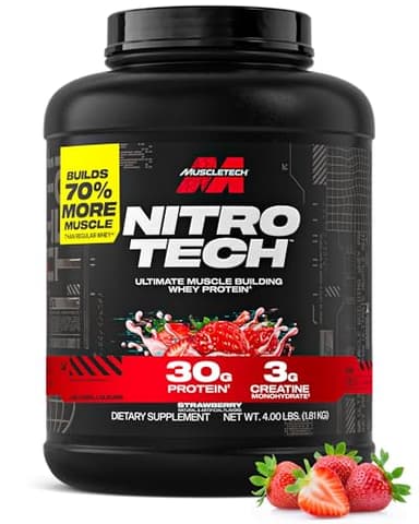 Muscletech Whey Protein Powder (Strawberry, 4 Pound) - Nitro-Tech Ultimate Muscle Building Formula with Whey Protein Isolate - 30g of Protein, 3g of Creatine & 6.8g of BCAA - Packaging May Vary