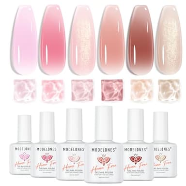modelones Jelly Gel Nail Polish 6 Colors Hema Free Transparent Jelly Milky Pink Sheer Pink Neutral Nude Gel Polish Nail Soak off Nail Polish French Nail Art Manicure DIY Home Salon Gift Women