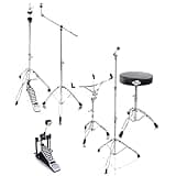 Griffin Complete Drum Hardware Pack 6 Piece Set Full Size Percussion Stand Kit with Snare, Hi-Hat, Cymbal Boom, Throne Stool & Single Kick Drum Pedal | Lightweight and Portable, Perfect for Gigs