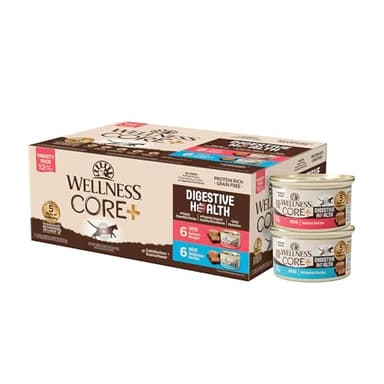 Wellness CORE+ Digestive Health Pate Adult Wet Cat Food, Natural, Protein-Rich, Grain Free, 3 Ounce, 12 Pack (Salmon & Whitefish Variety Pack)