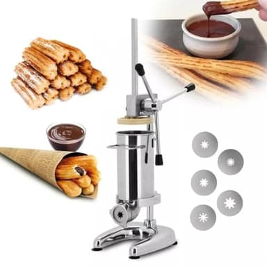 NYMFEA Commercial Manual Churro Maker - Stainless Steel Spanish Churrera Machine with 5 Molds, Latin Fruit Donut Machine, Manual Sausage Filler Machine for Restaurants and Bakeries,3L