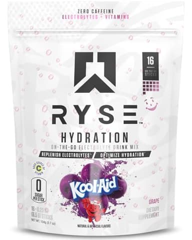 RYSE Hydration Electrolyte Powder Drink Mix Packets - Kool-Aid Grape - Sugar-Free Full Spectrum Electrolytes with Essential Vitamins, Taurine and Choline for Rehydration - 16 Serving Sticks