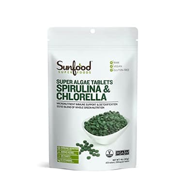 Sunfood Chlorella Spirulina Tablets - Spirulina and Chlorella Powder Pills, Green Algae Supplement Rich in Chlorophyll, Broken Cell Wall, Vegan - 4 oz Bag