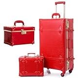 urecity Vintage French Lipstick Red PU Leather Luggage Set of 3 Pieces, 26 Inch Spinner Luggage, 12.5 Inch Train Case and 12 Inch Tote Case with Shoulder Strap