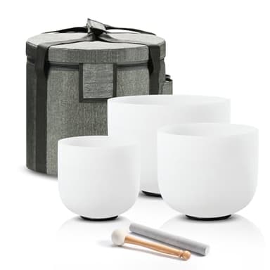 CVNC 432HZ 6"A Third-eye, 7"C Root, 8"F Heart Frosted Quartz Crystal Singing Bowl Chakra Set of 3 with Carry Case Bag for Sound Healing and Meditation
