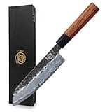 MITSUMOTO SAKARI 7 inch Japanese Santoku Chef Knife, High Carbon Stainless Steel Kitchen Cooking Knife, Professional Hand Forged Chef's Knives (Rosewood Handle & Sandalwood Box)