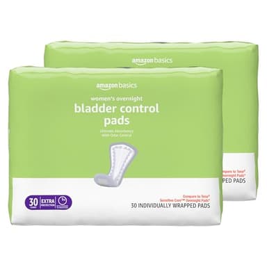 Amazon Basics Incontinence Pads for Women, Postpartum, Bladder Control, Overnight Absorbency, Unscented, with Odor Control, 60 Count (2 Packs of 30)