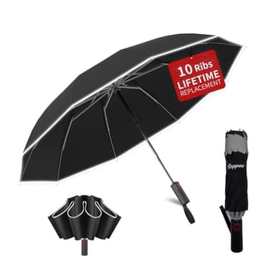Rappeo 4-in-1 Inverted Travel Umbrella Compact, Automatic Large Umbrellas for Rain & Sun, Portable Windproof Umbrella for Backpack, Reverse Folding Umbrella for UV with Reflective Strips,Lightweight, Black