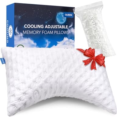 KUCEY Cooling Side Sleeper Pillow for Neck and Shoulder Pain, Luxury Shredded Memory Foam Curved Bed Pillows for Sleeping Set of 1- Adjustable Queen Size- Washable Cover Crescent White