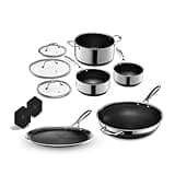 HexClad 10-Piece Cookware Set Including 12-Inch Wok, 12-Inch Griddle, 6-Piece Pot Set with Trivets, 3, and 8-Quart Pots with Tempered Glass Lids & 2 Silicone Trivets