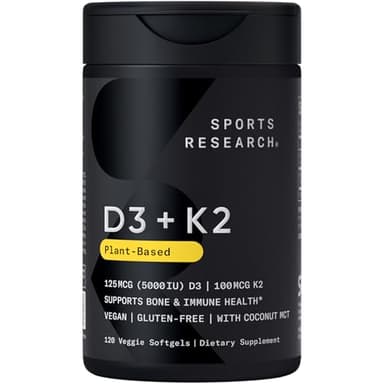 Sports Research® Vitamin D3 + K2 with 5000iu of Plant-Based D3 & 100mcg of Vitamin K2 as MK-7 | Non-GMO Verified & Vegan Certified (120ct)