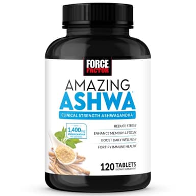 Force Factor Amazing Ashwa, KSM-66 Ashwagandha Supplement for Stress Relief, Focus, Memory, Immune Support, with Vitamins, Minerals & Antioxidants, Cortisol Supplements for Women, 120 Tablets