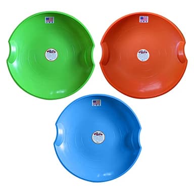 Flexible Flyer Flying Saucer Snow Sleds – 3 Pack of Durable 26” Round Plastic Saucer Sleds with Hand Grips – Orange, Lime Green & Blue – Winter Fun for Kids & Adults