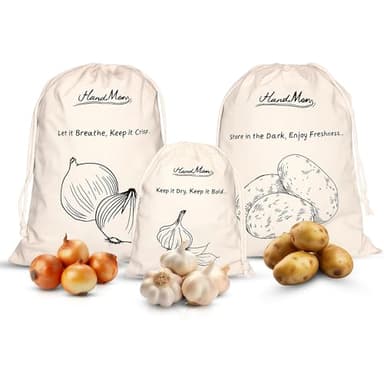 HanaMoon 3-Pack Cotton Storage Bags for Potato, Onion & Garlic – Reusable Drawstring Produce Bags – Breathable, Eco-Friendly, Washable – 2 Large (40×30 cm) + 1 Small (25×20 cm)
