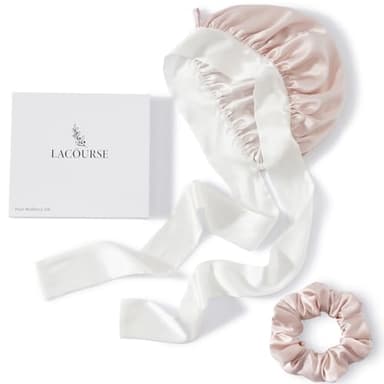 LaCourse Anti-Slip 100% Real Mulberry Silk Bonnet with Silk Scrunchy for Sleeping Women, Large Double-Layered Silk Hair Wrap for Curly Hair (Pink+Ivory)