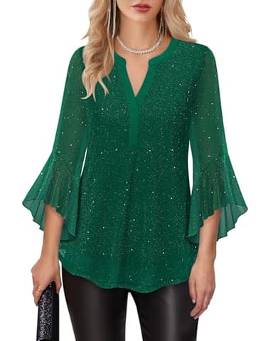 Lotusmile Women's Dressy Blouses - Elegant Green Sequin Tops for Party Nights & Formal Occasions - Bell Sleeve Cute Tops for Going Out