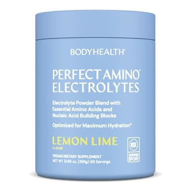 BodyHealth PerfectAmino Electrolytes Powder No Sugar, Hydration Fasting Keto Zero Sugar Electrolytes Drink Mix with Trace Minerals - NSF Certified for Sport - Lemon Lime - 66 Servings