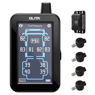 GUTA Tire Pressure Monitoring System, Trailer TPMS with Color Touchscreen Display & 4 Flow Thru Sensor, 6 Alert Modes, Tire Pressure Monitor for RV, Camper, Semi, 5th Wheel (0-188PSI)