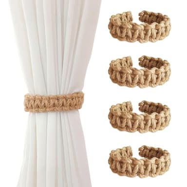 4 Pack Boho Rustic Braided Curtain Tiebacks & Holdbacks Handmade Light Weight Burlap Curtain Ties for Sheer/Light Weight Drapes,Decorative Curtain Accessories for Home Office Bedroom Outdoor Window