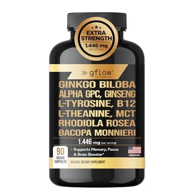 gflow vitamins Ginkgo Biloba Alpha GPC Supplement with Panax Ginseng L Tyrosine with L Theanine, Bacopa monnieri, Rhodiola Rosea, Phosphatidylserine, B12, MCT, DMAE - Complex | Made in USA