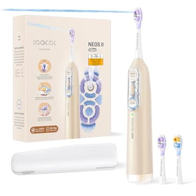 Soocas NEOS II Ultra – Electric Toothbrush with Water Flosser Combo, 3-in-1: Flosses, Vibrates and Oscillates, Flossing Toothbrush for Adults, Cordless Water Flosser for Travel, Champagne Gold