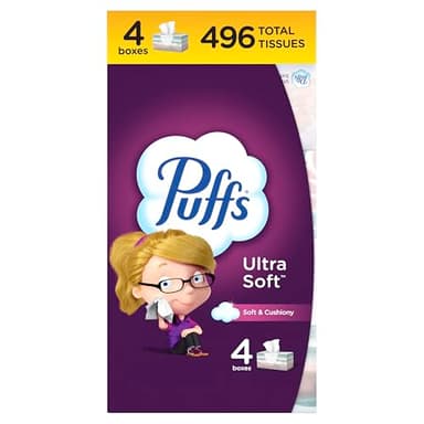 Puffs Ultra Soft Facial Tissues, 4 Family Size Boxes, 124 Facial Tissues Per Box