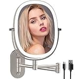 Lighted Wall Mounted Makeup Mirror, Double Sided 1X/7X Magnifying Mirror, 3 Color Lighting Option Dimmable, 360 Rotation Extension Foldable Arm, Oval Frame Rechargeable Vanity Mirror with Lights