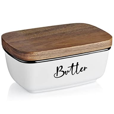 Butter Dish with Lid, ALELION Large Ceramic Butter Dish for Countertop, Butter Keeper with Thick Acacia Wood Lid, Kitchen Decor and Accessories for Kitchen Gifts, White