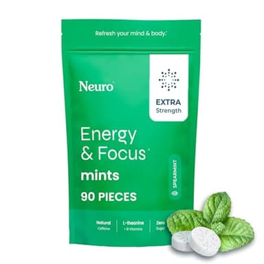 Neuro Energy & Focus Mints, Extra Strength - Sugar Free Breath Mints with 100mg Natural Caffeine, B Vitamins & L-Theanine - Vegan Brain Supplement for Exercise, Study & Daily Focus - Spearmint, 90 ct