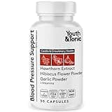 Youth & Tonic Natural Blood Pressure Support Supplement w/Hawthorn Hibiscus & High Potency Diuretic Herbs & Vitamins for Water Retention | 30 BP Capsules to Maintain a Good Health | Women & Men