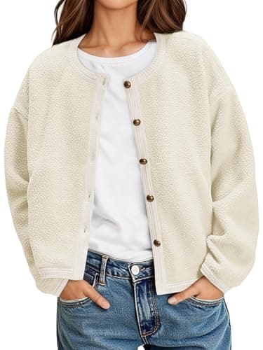 Yousify Womens Sherpa Fleece Jackets Cropped Button Down Crew Neck Coats Fall Casual Trendy Outerwear