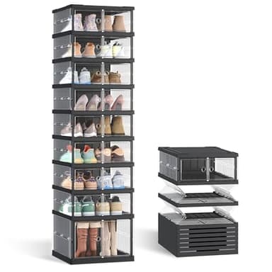 SONGMICS Foldable Shoe Boxes, Stackable Shoe Storage Organizer