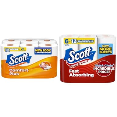 Bundle of Scott ComfortPlus Toilet Paper, 12 Double Rolls, 231 Sheets per Roll, 1-Ply Toilet Tissue + Scott Paper Towels, Choose-A-Sheet, 6 Double Rolls = 12 Regular Rolls (108 Sheets Per Roll)