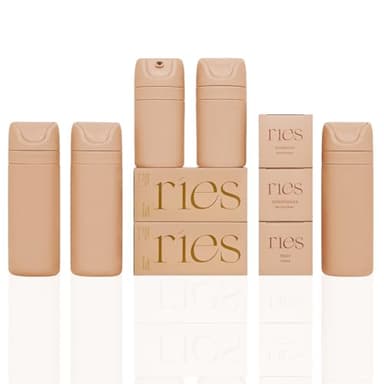 RIES Essential Refillable Toiletry Travel Bottles – Set of 5 (3.4oz & 1.7oz) Airless Pump Containers for Shampoo, Conditioner, Body, Face – Leak-Proof, TSA-Approved, Dishwasher Safe - Sand