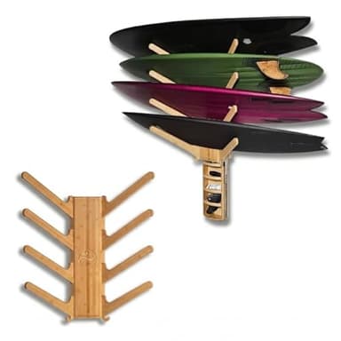 LISS The Sun Rack - Premium Wood Surfboard Wall Mount Rack Display, Ski, Snowboard Holder for 4 Boards for Garage & Home Storage with Built-In Drawer & Hooks for Longboards Shortboards, Wakeboards