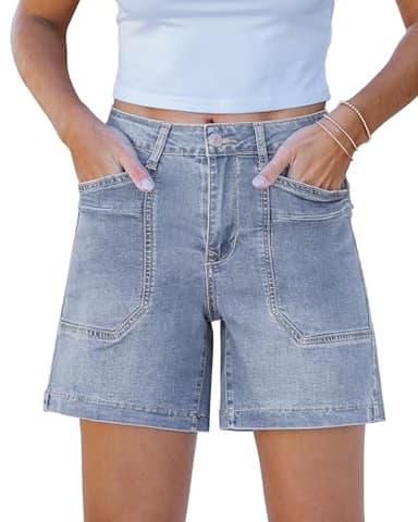 luvamia Jean Shorts for Women Trendy Mid Rise Casual Summer Jorts Distressed Cut Off Stretchy Denim Concert Outfits Shorts for Women Jean Roadknight Blue Medium Fits Size 8/10