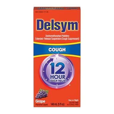 Delsym 12 Hour Cough Medicine for Adults, Powerful Relief for 12 Hours, Cough Suppressant Liquid with Extended-Release Dextromethorphan, Grape Flavor Liquid Cough Syrup, 5 Fl Oz (Pack of 1)