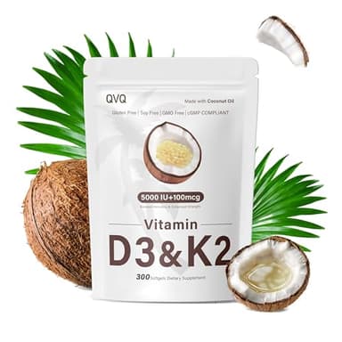 QVQ 300 Pcs Vitamin D3 K2 5000 IU + 100mcg, Coconut Oil, Gluten-Free, Non-GMO, Soy Free
