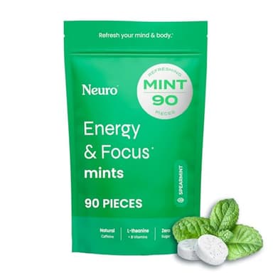 Neuro Energy & Focus Mints - Sugar Free Breath Mints with 40mg Natural Caffeine, B Vitamins & L-Theanine - Vegan Brain Supplement for Exercise, Study & Daily Focus - Spearmint, 90 ct
